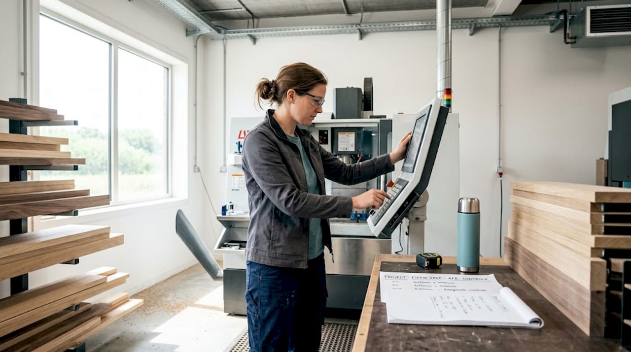 Vrouw bedient CNC-frees bij houtbewerking
