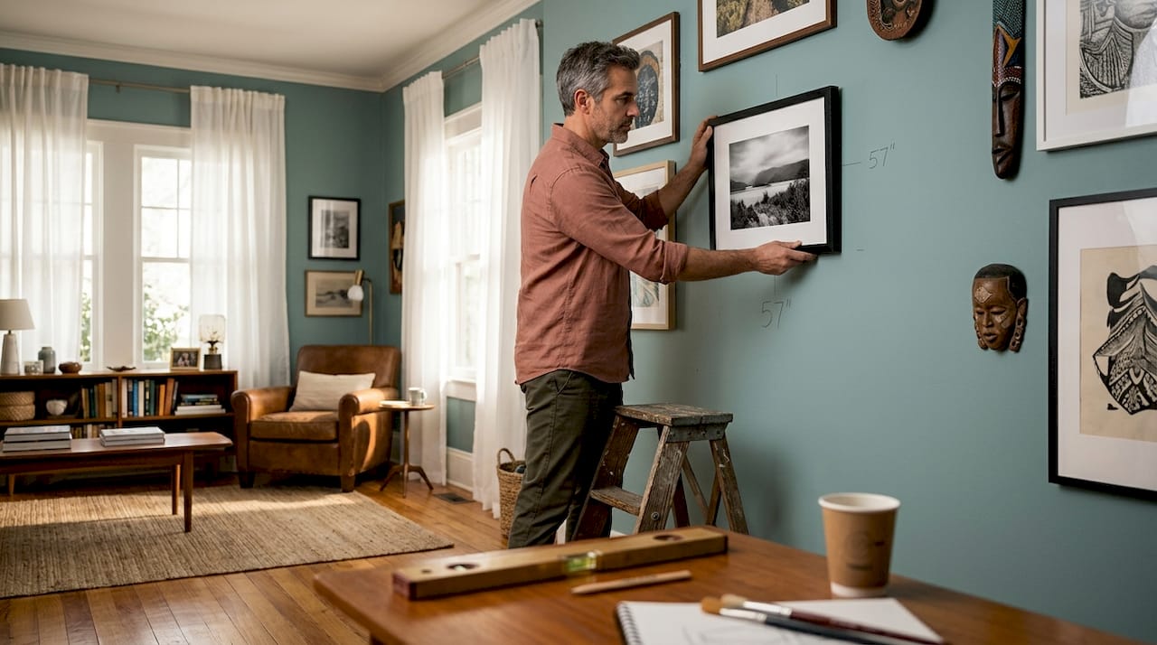 Man die de ideale ophanghoogte van een kunstwerk meet