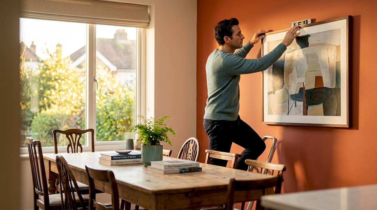 Man straightening large feature wall artwork