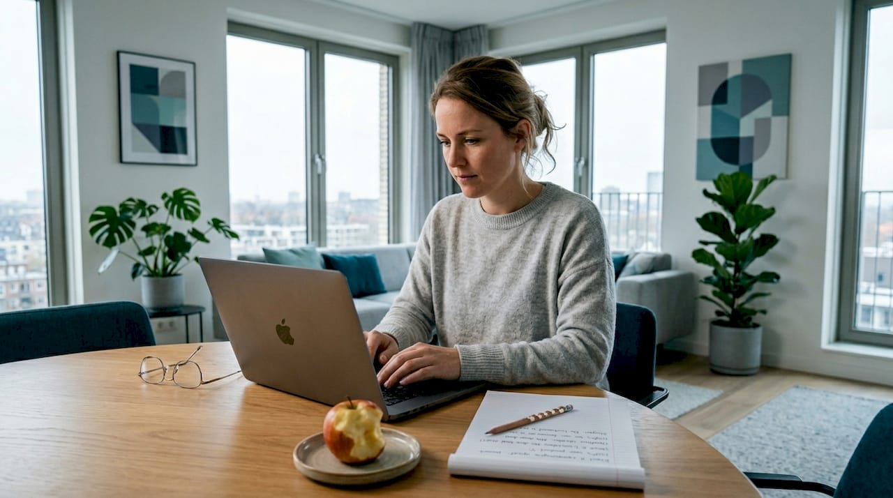 Tekstschrijver werkt aan een pakkende advertentietekst aan de keukentafel.