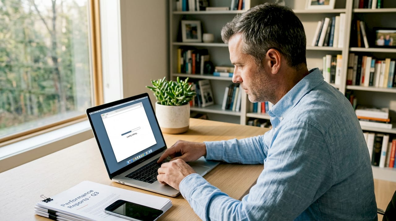 Man van midden veertig checkt internetsnelheid op zijn desktop