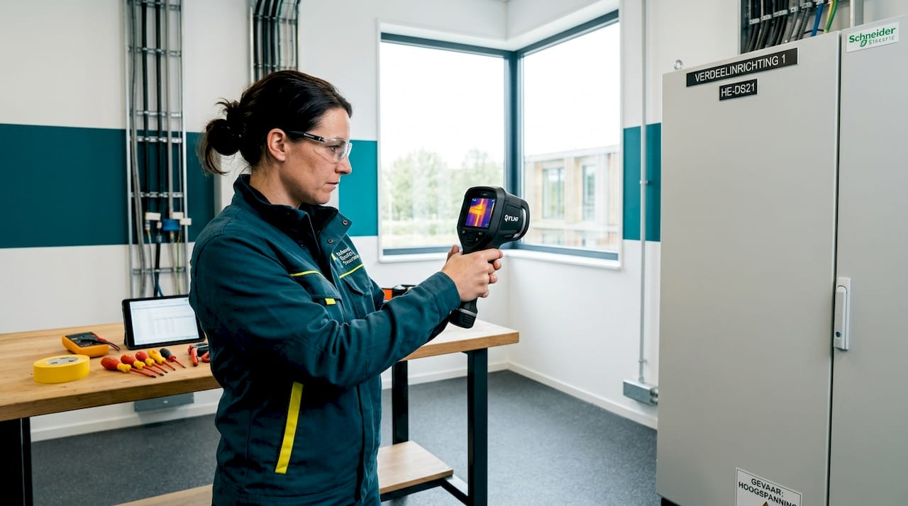 Een technicus controleert een elektrisch paneel met een warmtebeeldcamera.