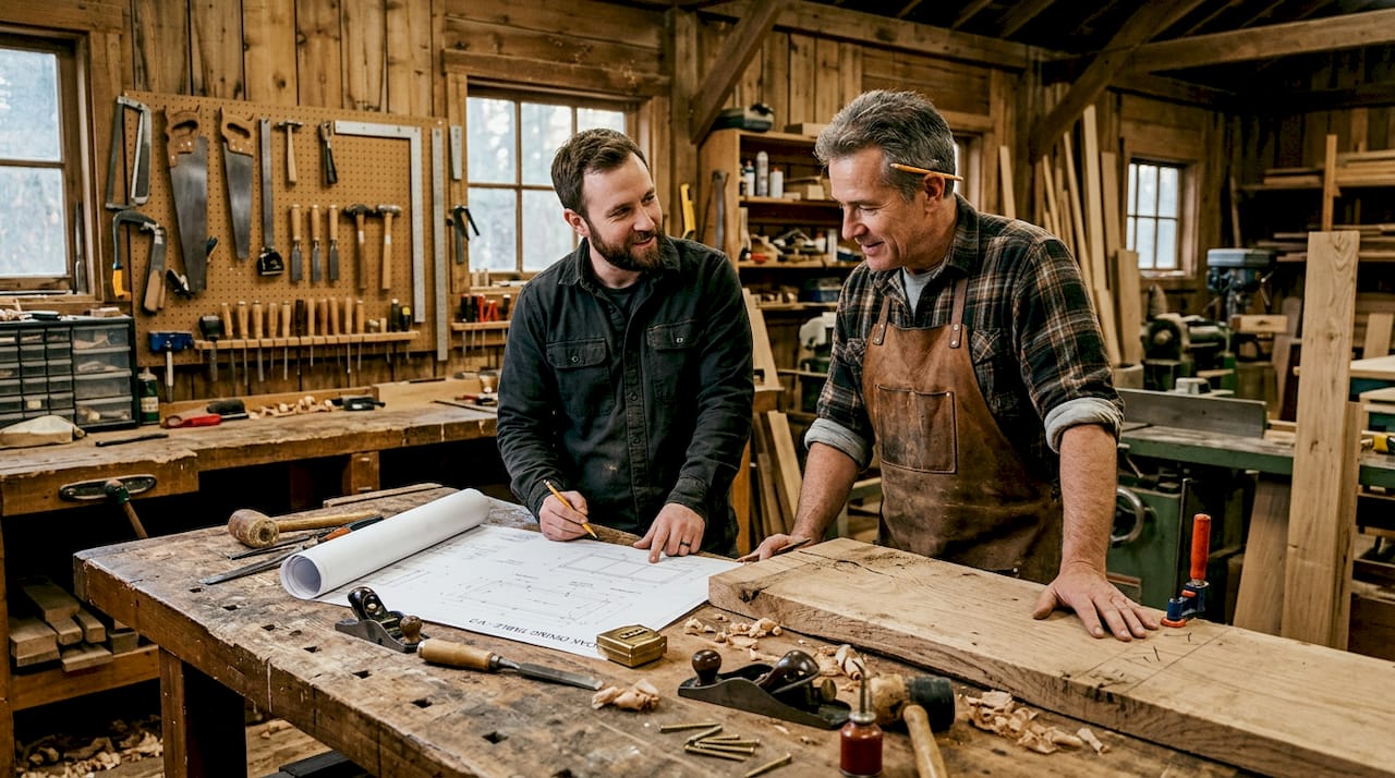 Een ontwerper en meubelmaker bekijken samen de bouwtekeningen van een nieuw meubelstuk.