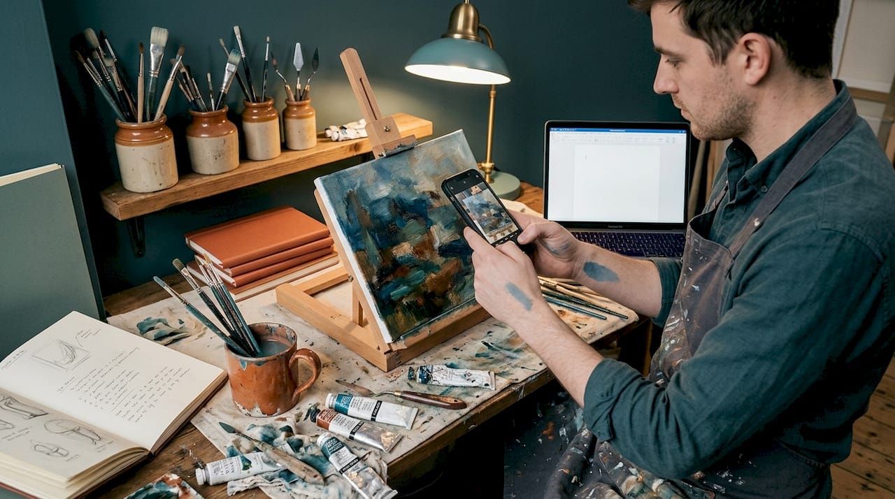 Kunstenaar die canvas kunstwerk fotografeert in studio