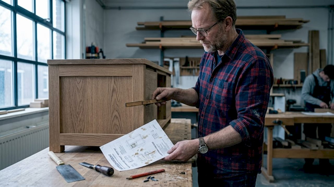 De meubelmaker inspecteert zorgvuldig een kast in zijn werkplaats.