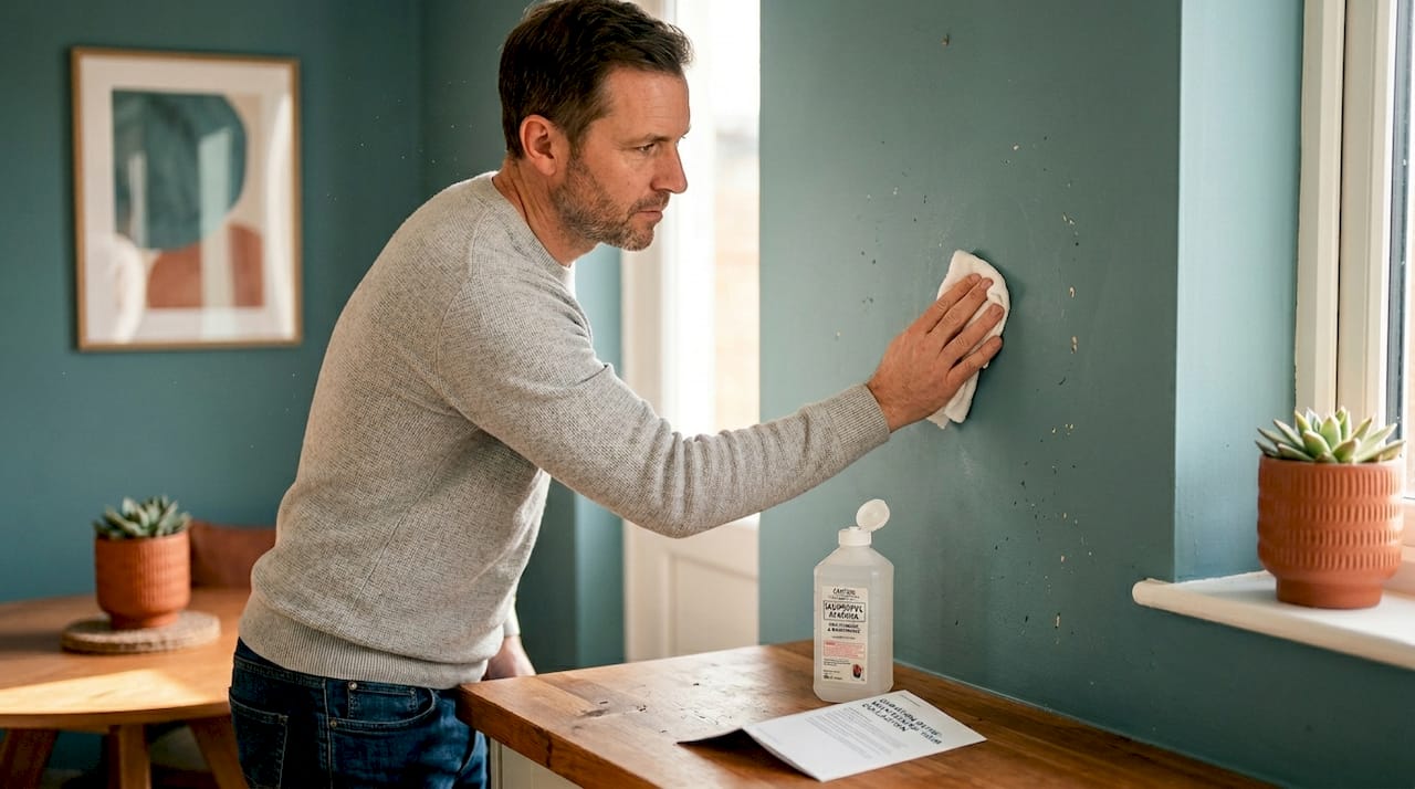 Man cleaning wall before print installation