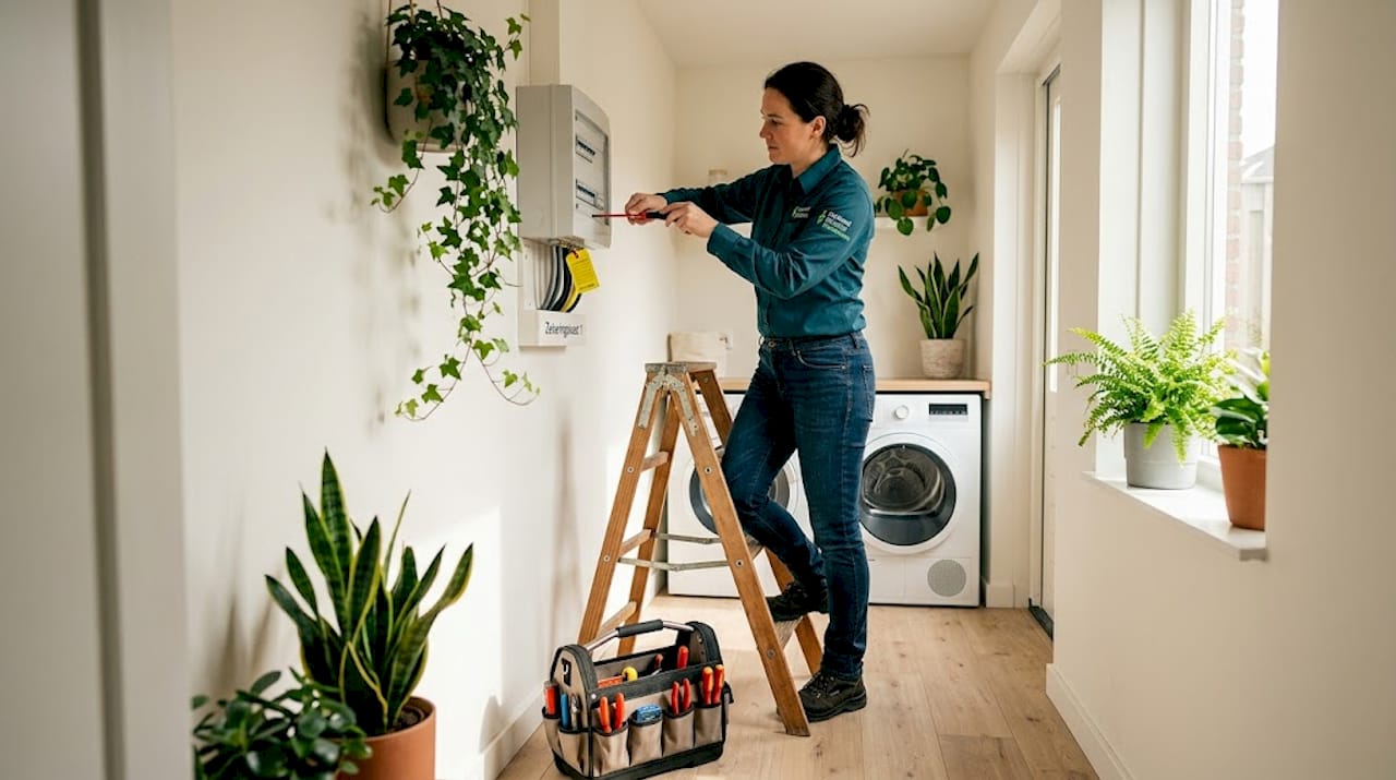 Een elektricien voert werkzaamheden uit aan de meterkast in huis.