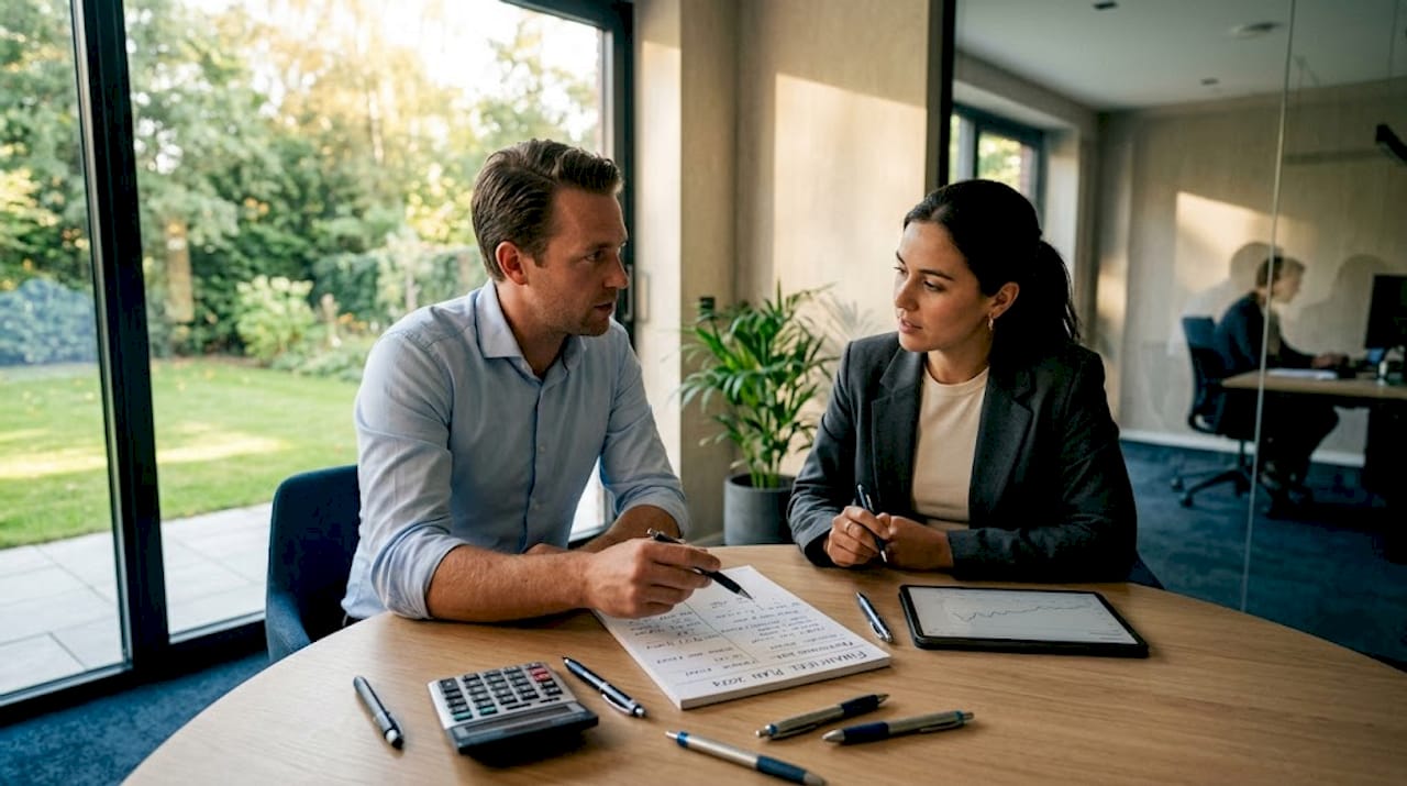 Een ondernemer overlegt samen met een collega over de financiële strategie.