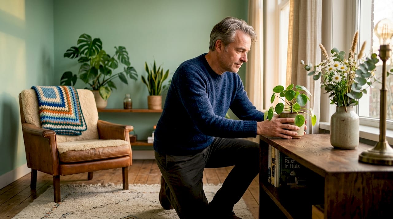 Een man plaatst een plant in zijn woonkamer.