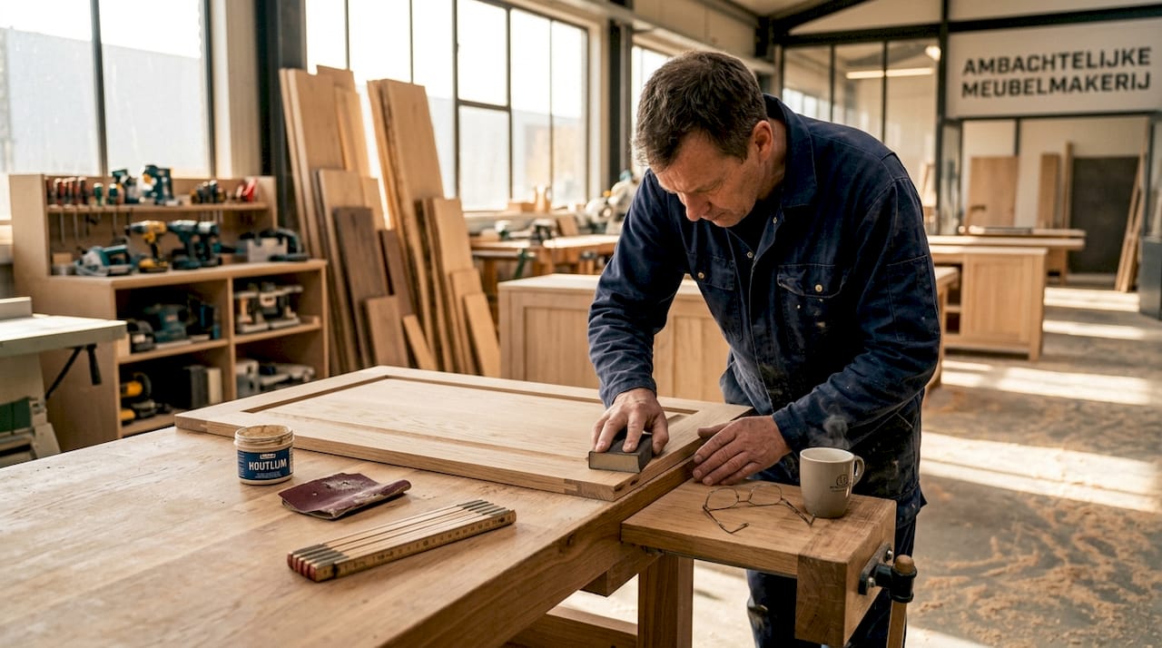 In zijn atelier werkt een meubelmaker zorgvuldig aan het schuren van een kastdeur.