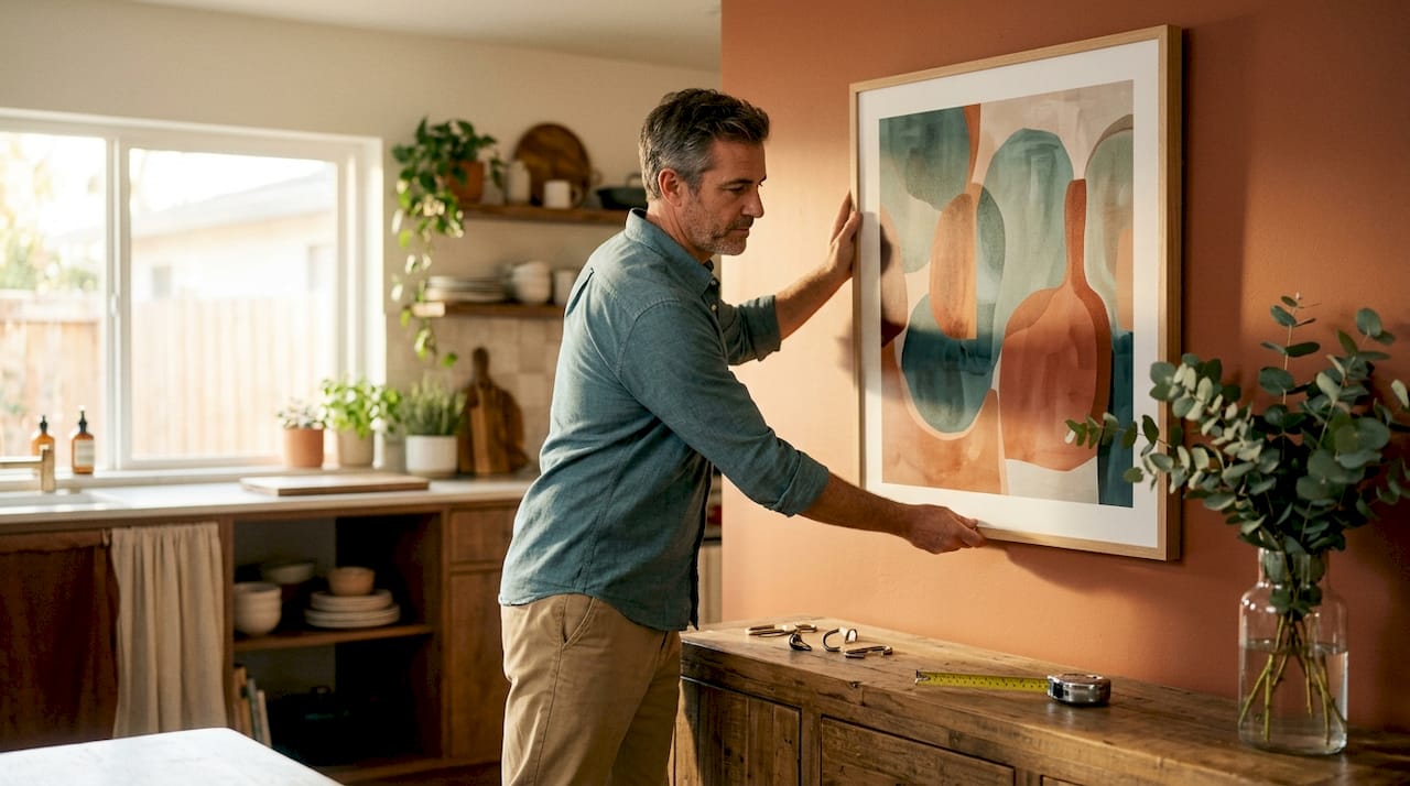Man aligns art above sideboard