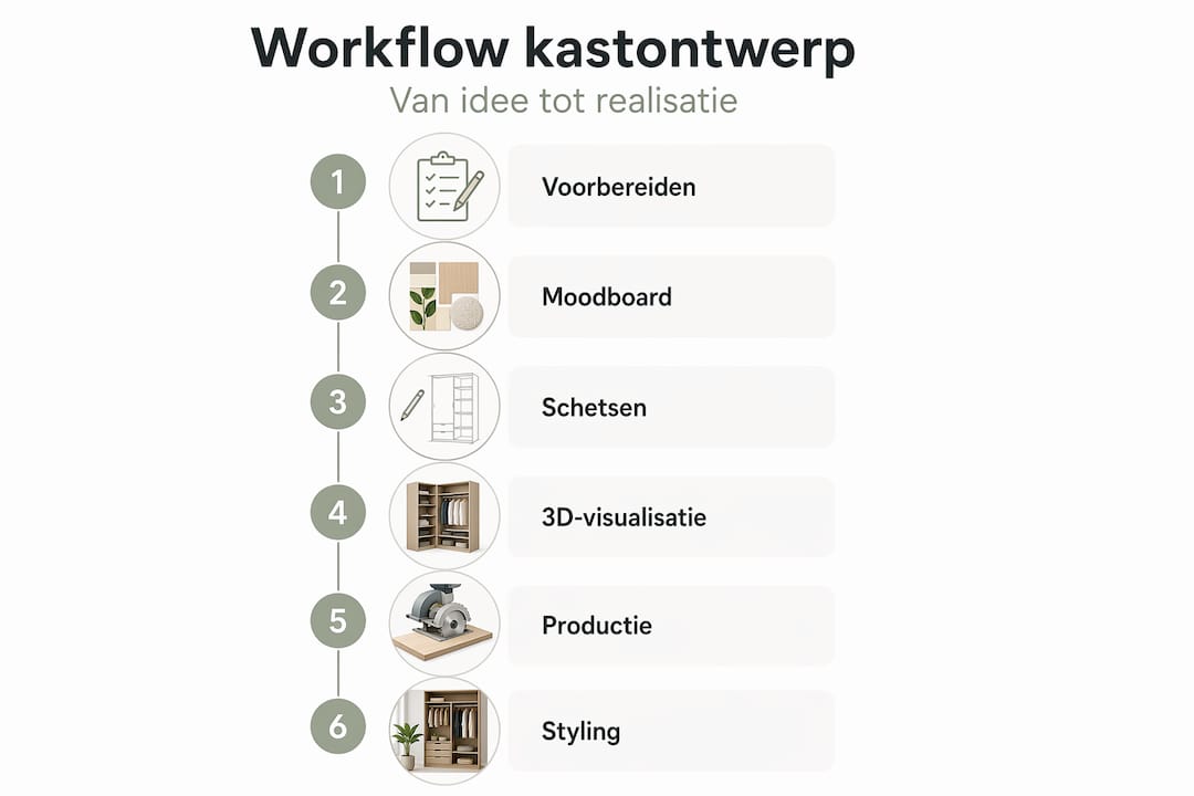 Overzichtelijke infografiek met alle stappen in het ontwerpproces van een kast
