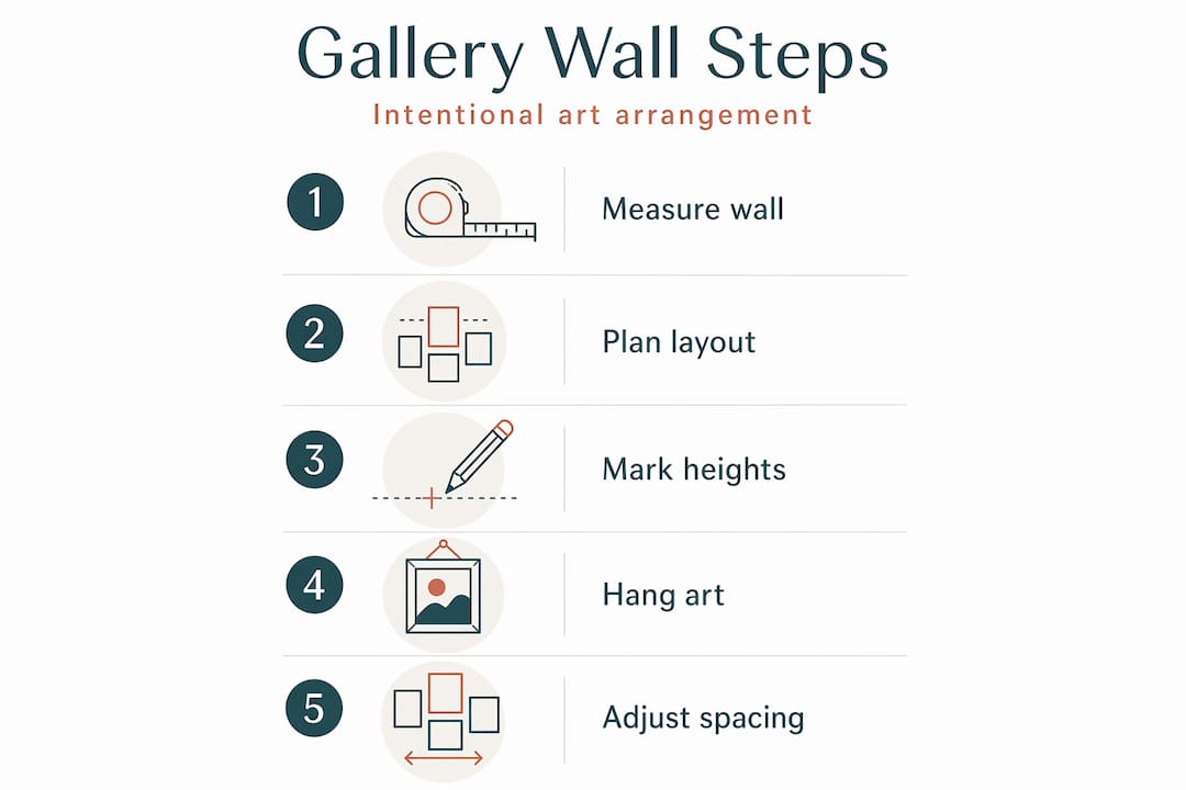 Infographic die de stappen voor het ophangen van een galerijmuur toont