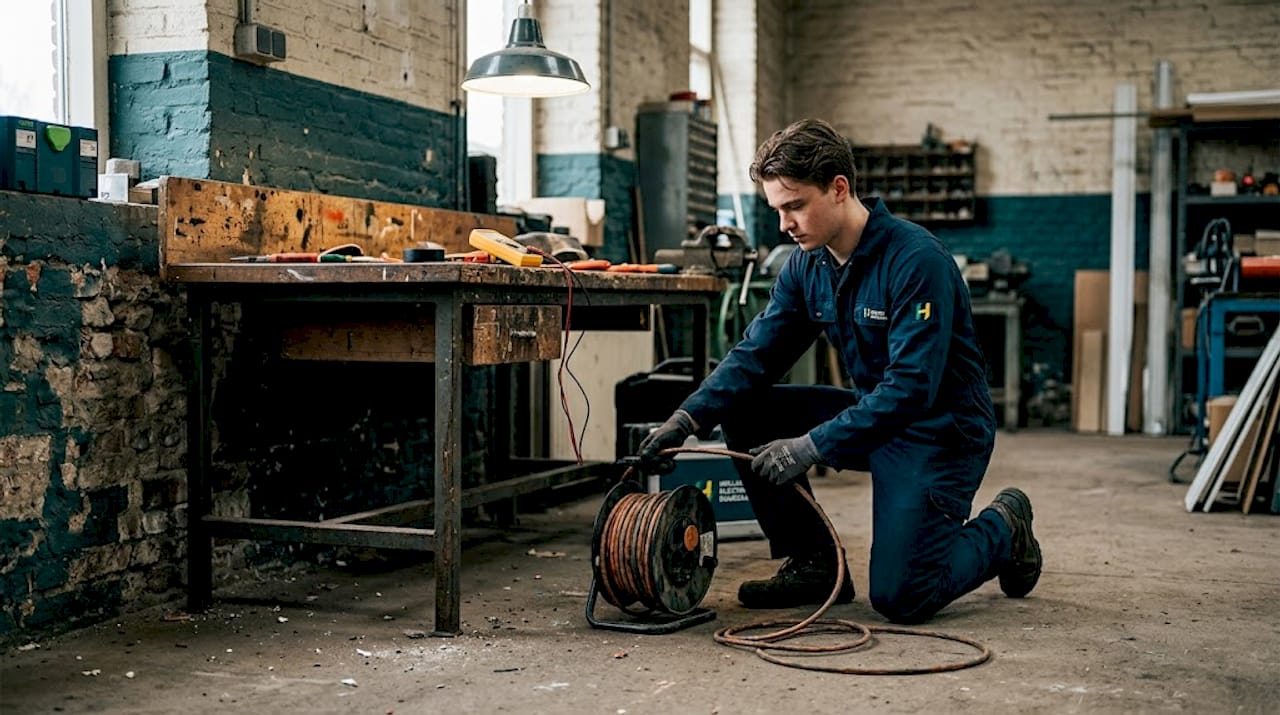 De elektricien rolt de kabel helemaal uit de haspel, zodat er geen knopen of verdraaiingen ontstaan.