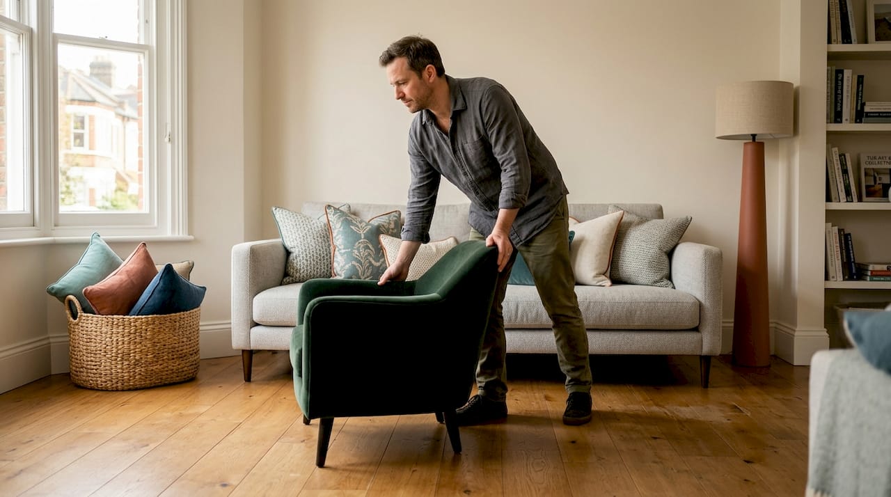 Man rearranging living room furniture