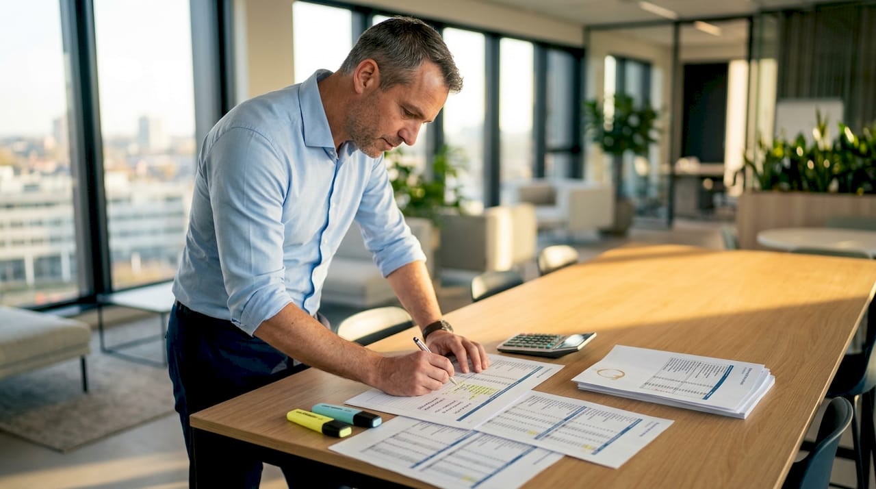 Een analist stelt het marketingbudget op met behulp van een spreadsheet.