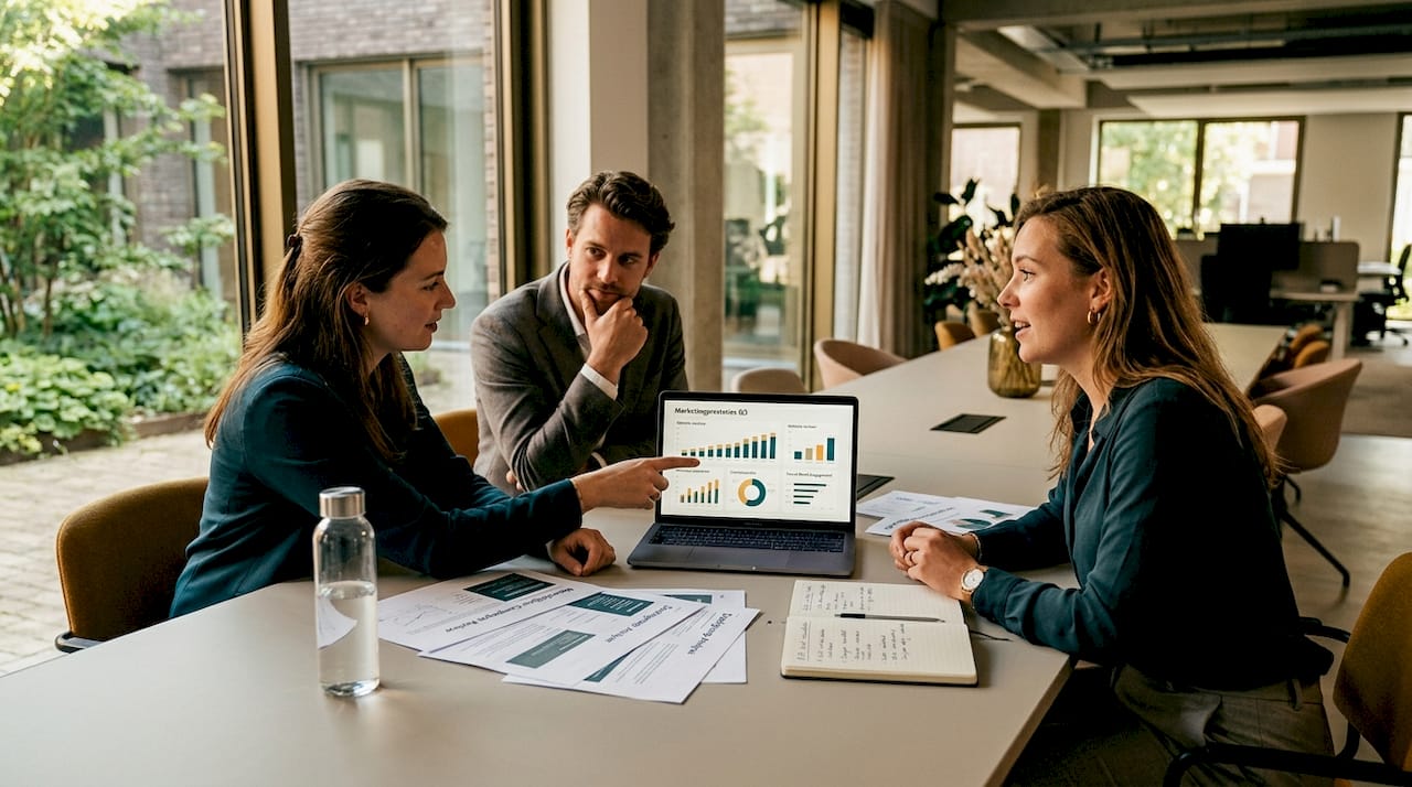 Een klein marketingteam bespreekt samen de resultaten van de conversies.