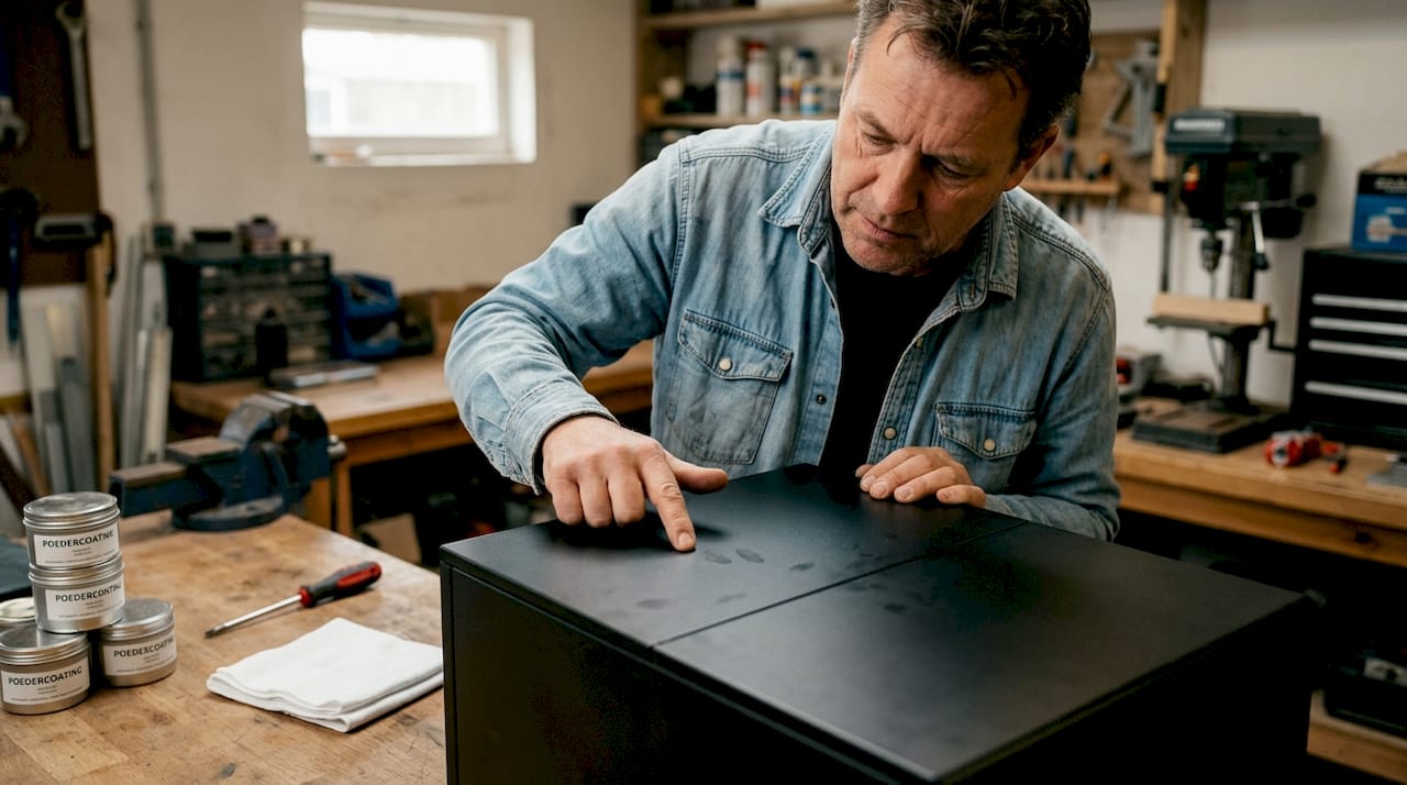 Een vakman inspecteert zorgvuldig de afwerking van het stalen kastoppervlak.