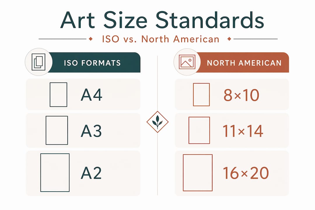 Infographic die ISO- en Noord-Amerikaanse kunstformaten vergelijkt