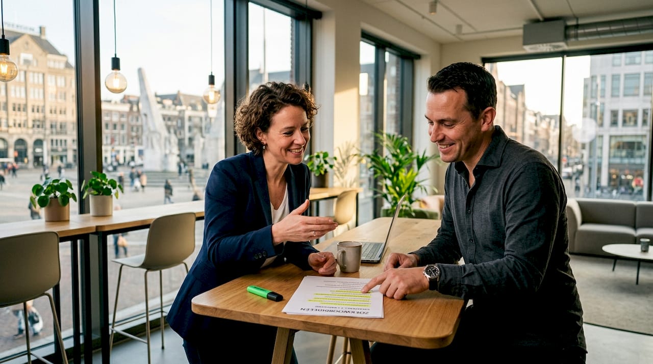 Het team neemt samen de resultaten van de zoekwoordanalyse door.