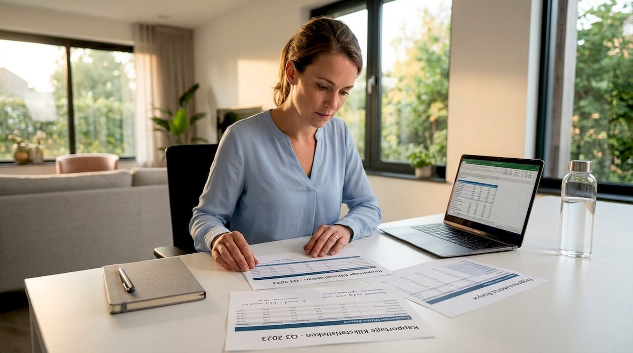 Een analist bekijkt uitgeprinte statistieken om klikfraude op te sporen.
