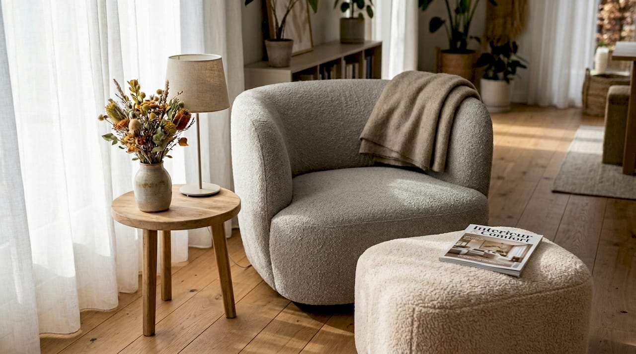 Sfeervolle, moderne woonkamer met een ronde bouclé fauteuil
