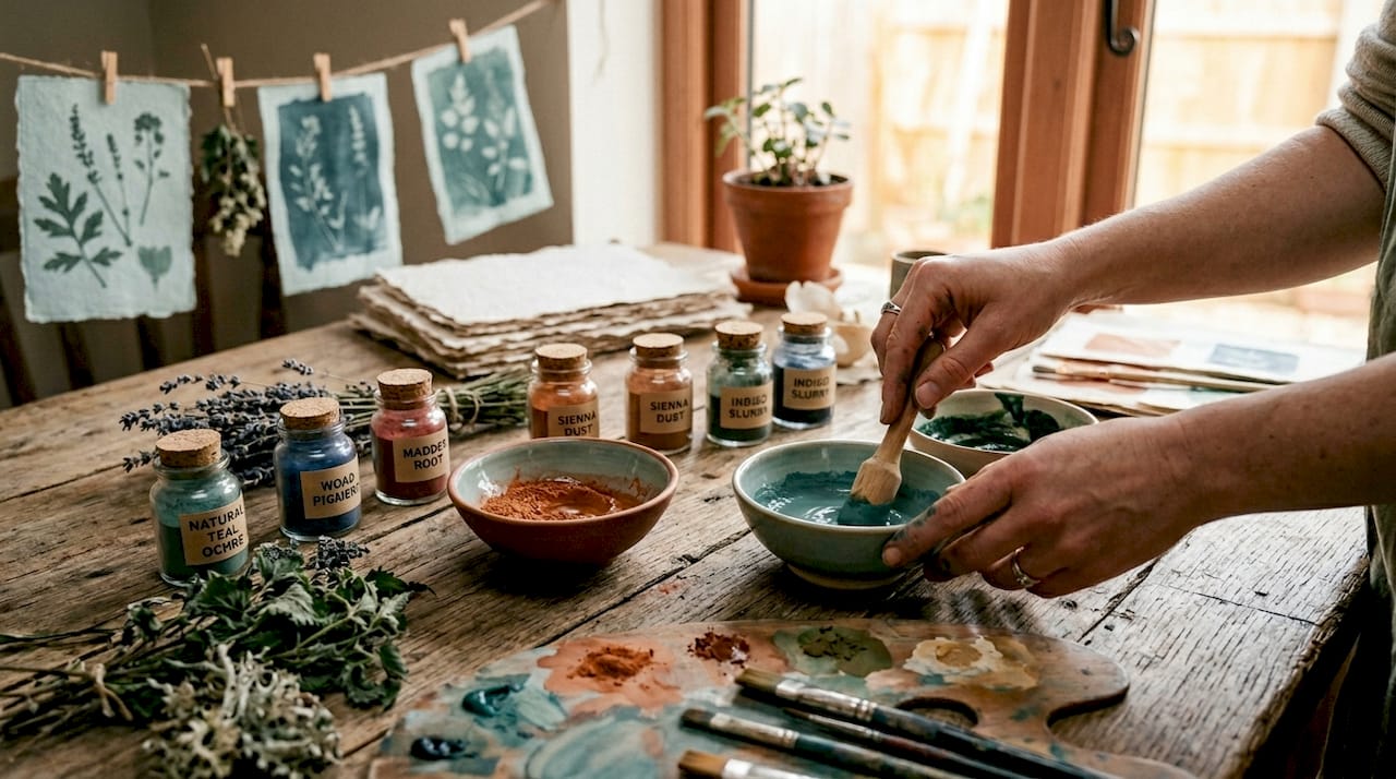 Artisan mixing natural pigments in eco-friendly workshop