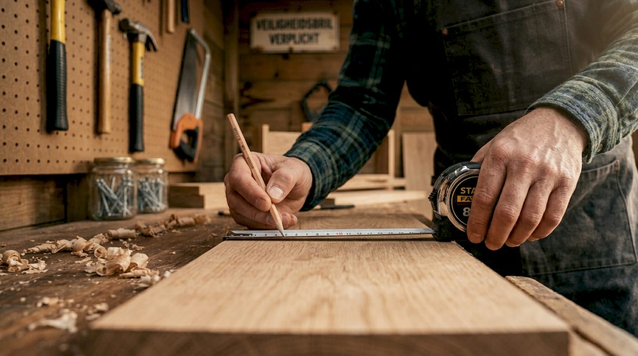 Meten is weten: handen controleren nauwkeurig de afmetingen van een houten plank voordat het zaagwerk begint.