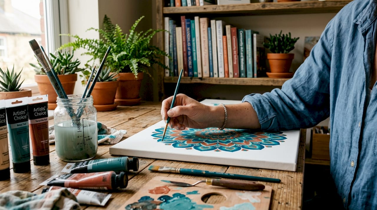 Hands painting mandala in wellness art studio