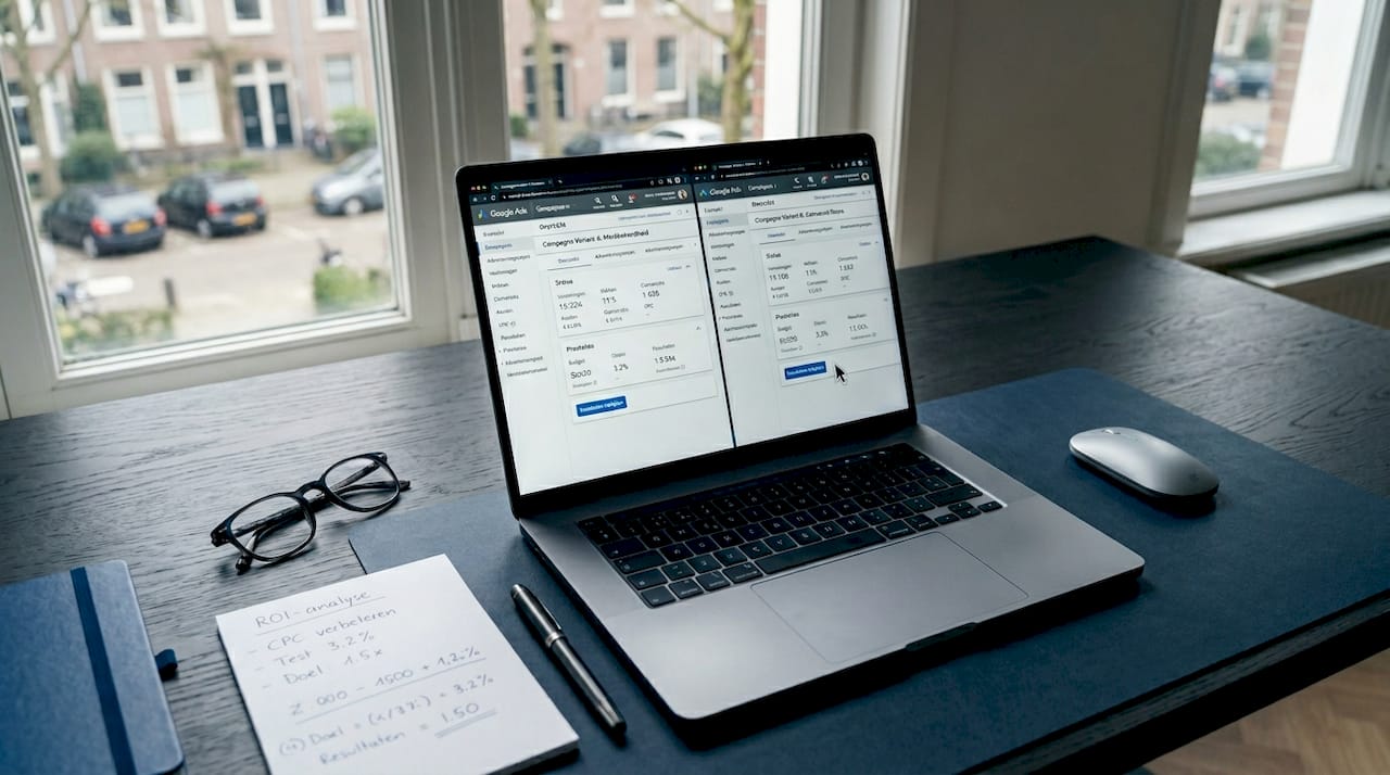 Detailfoto van een laptop waarop verschillende versies van Google Ads worden vergeleken.