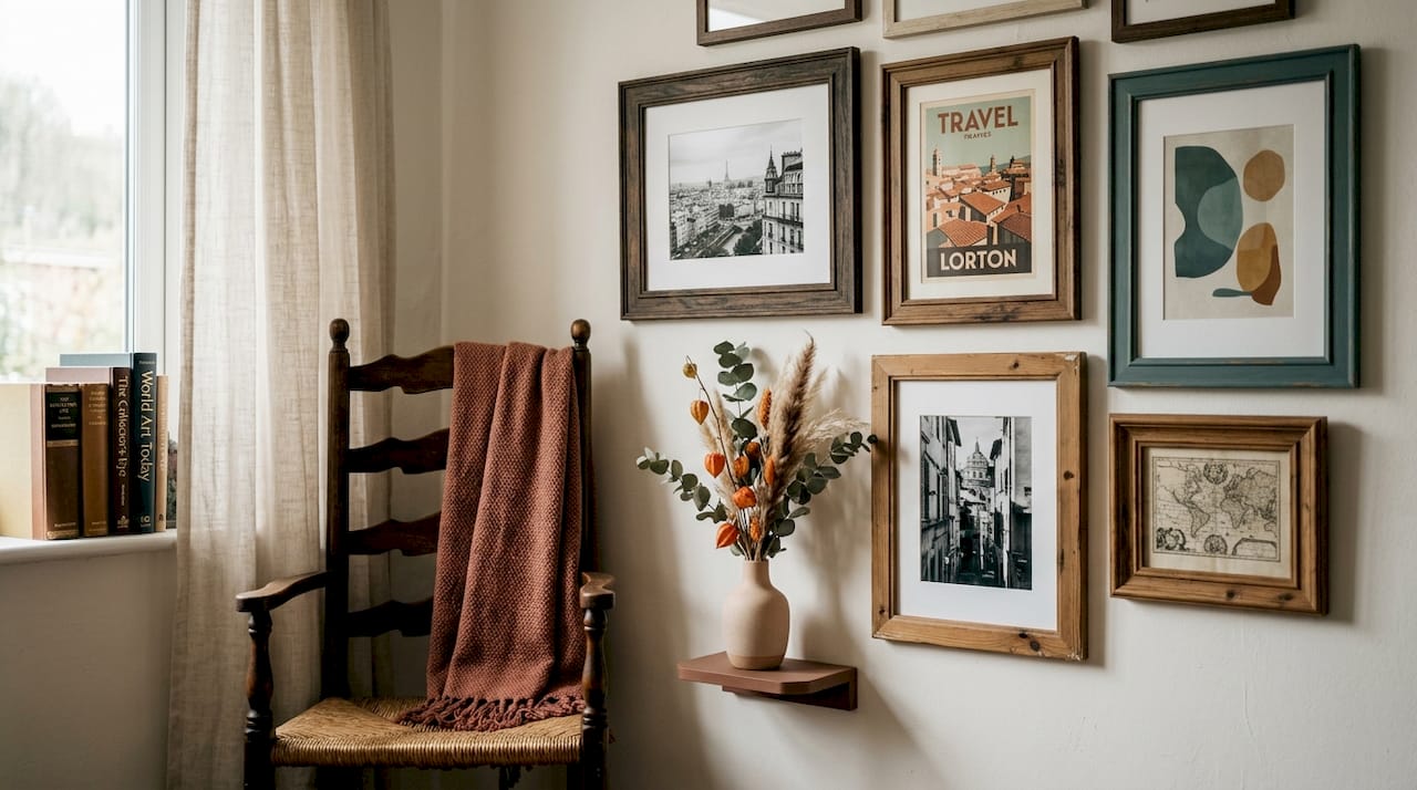 Curated gallery wall with cohesive art and frames