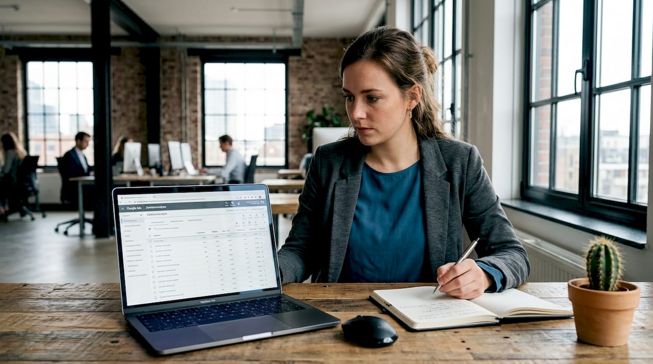 Een PPC-specialist verdiept zich in de campagneresultaten op zijn laptop.