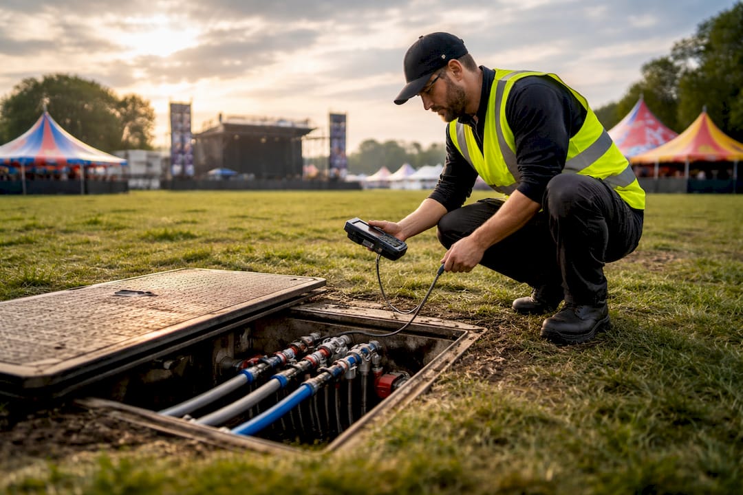 Op het festivalterrein loopt een technicus rond om alle tapleidingen nauwkeurig te controleren.