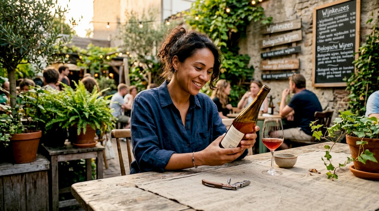Een vrouw bestudeert een fles biologische wijn in een wijnbar.