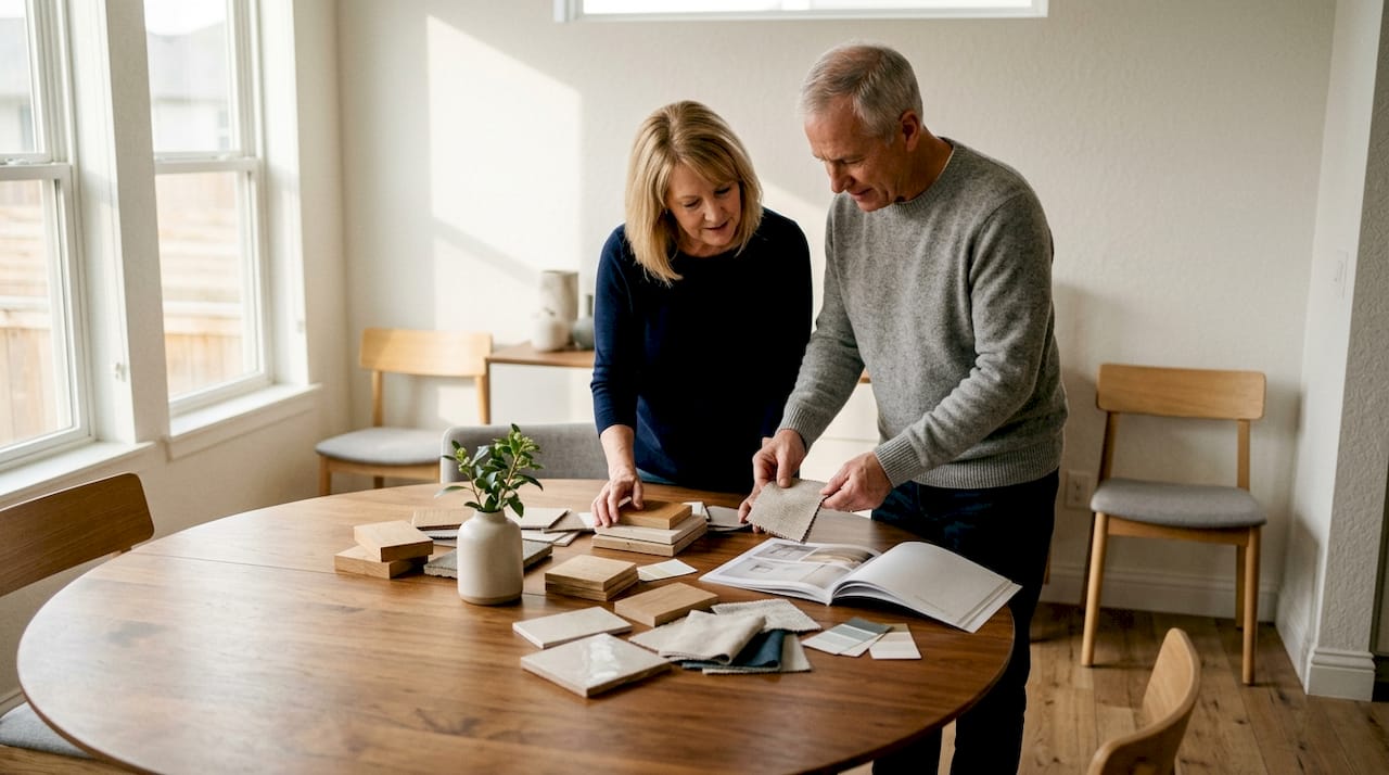 Een stel bekijkt samen verschillende materiaalstalen in hun moderne woning, op zoek naar de perfecte keuze voor hun interieur.
