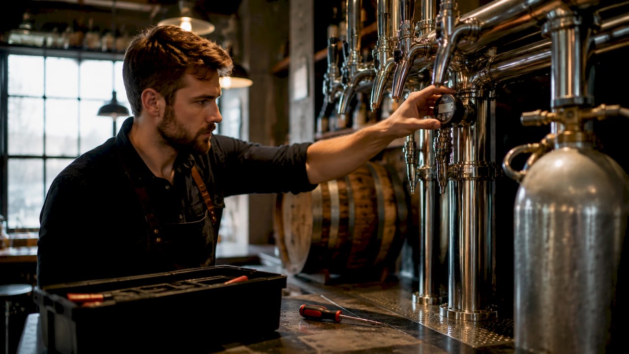 De barman checkt of er genoeg druk op het biertapsysteem staat.