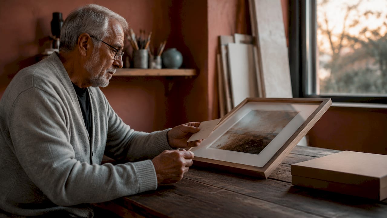 Collector examining sustainably framed art print at home