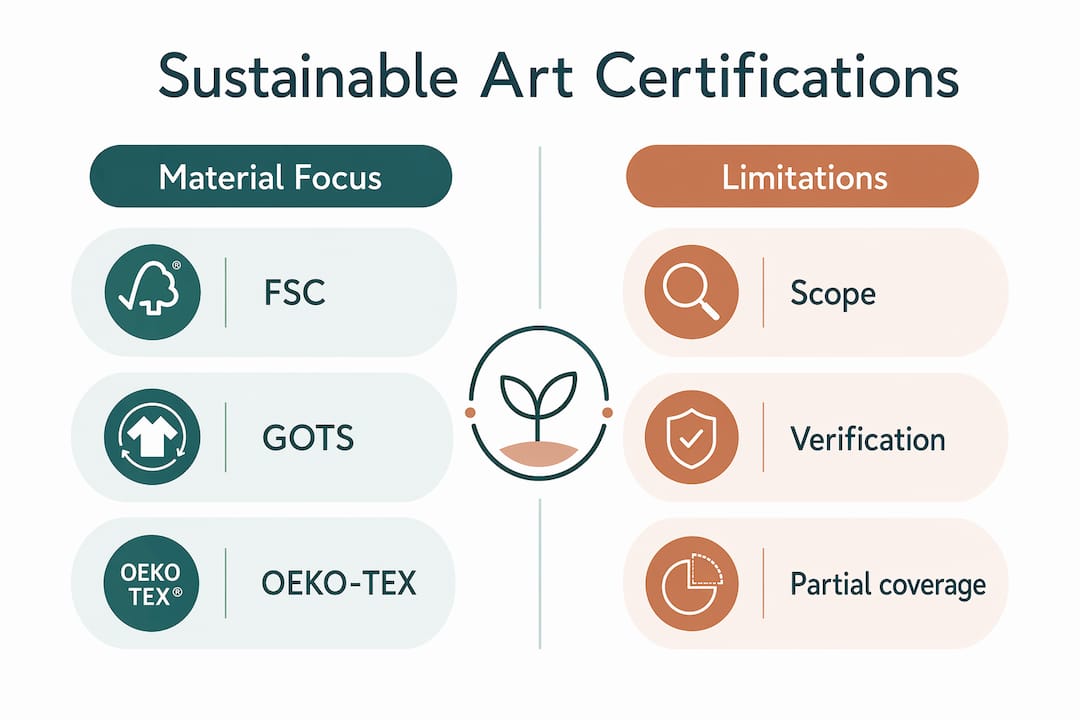 Infographic comparing sustainable art sourcing certifications and limitations