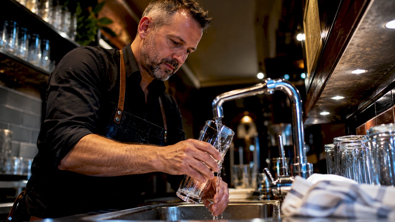 De barman spoelt een bierglas even om onder de tap.
