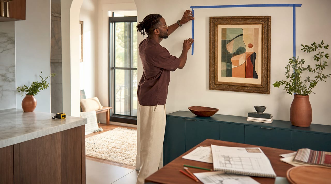 Designer measuring art above sideboard