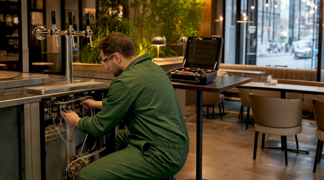 Monteur voert onderhoud uit aan de tapinstallatie in de keuken van een horecazaak.
