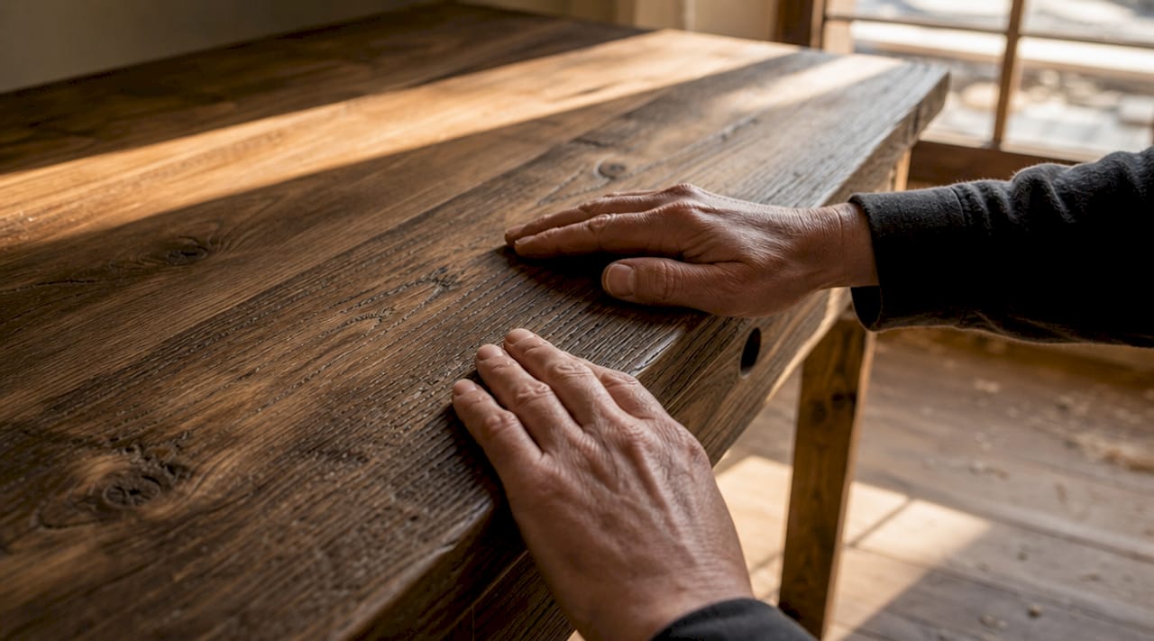 Je voelt de structuur van echt hout onder je handen.