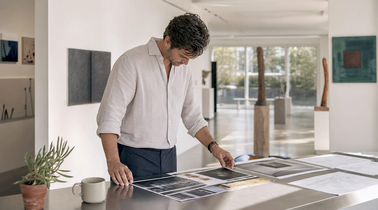 Curator organizing art exhibition materials