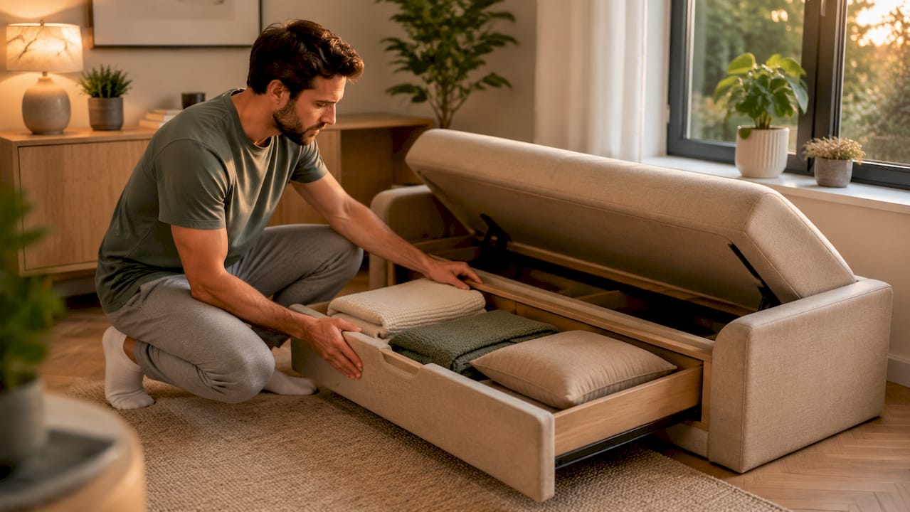 Een man bekijkt de opberglades onder zijn bed in de slaapkamer.