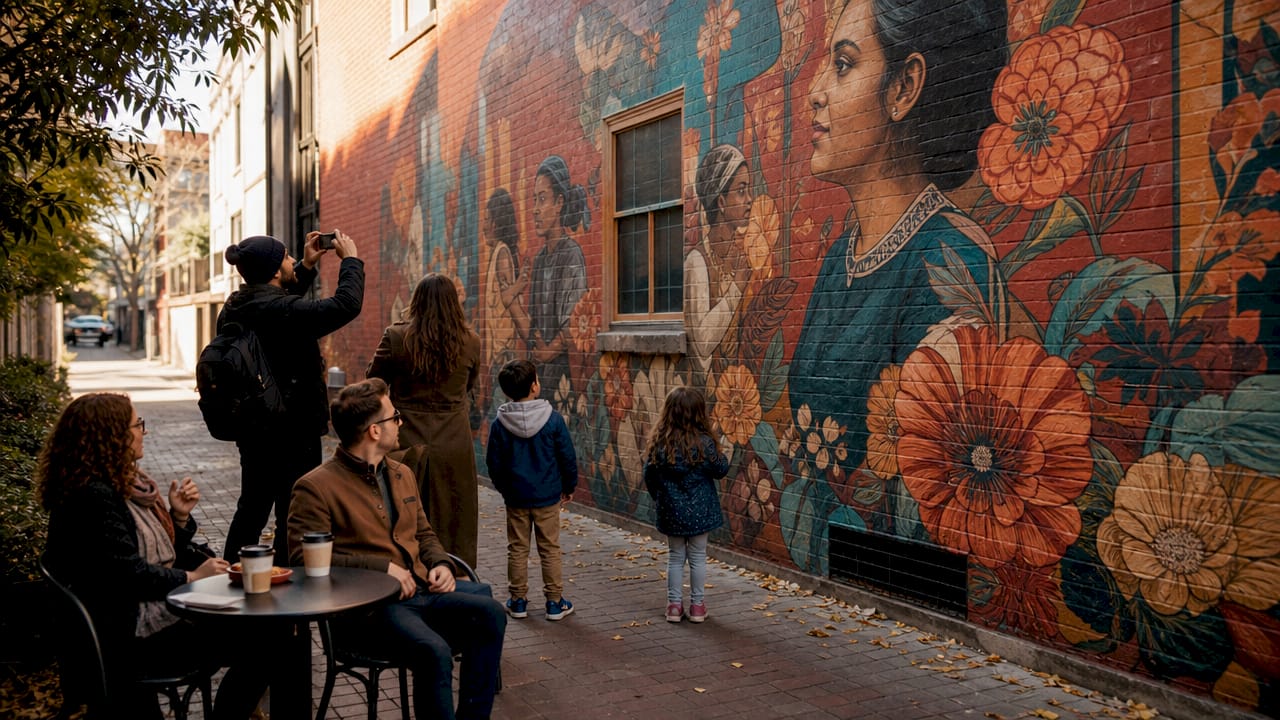 Vibrant mural on urban apartment wall with pedestrians