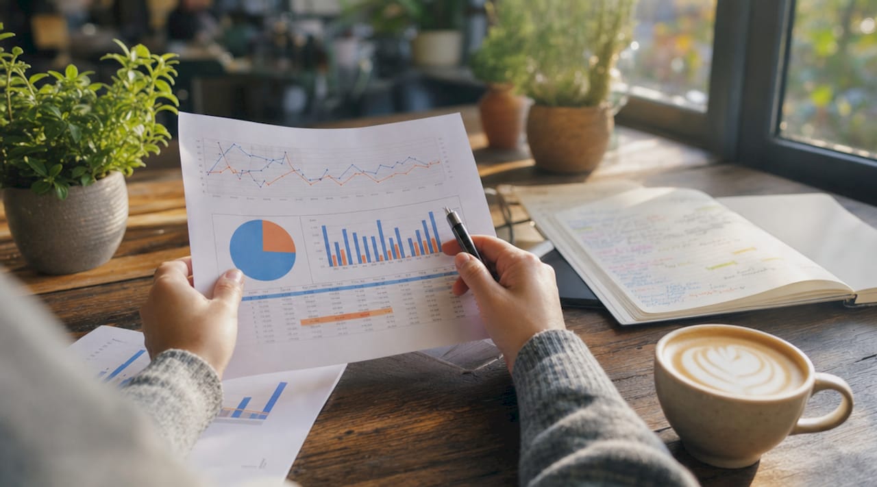 Handen die PPC-trendrapporten en aantekeningen doornemen