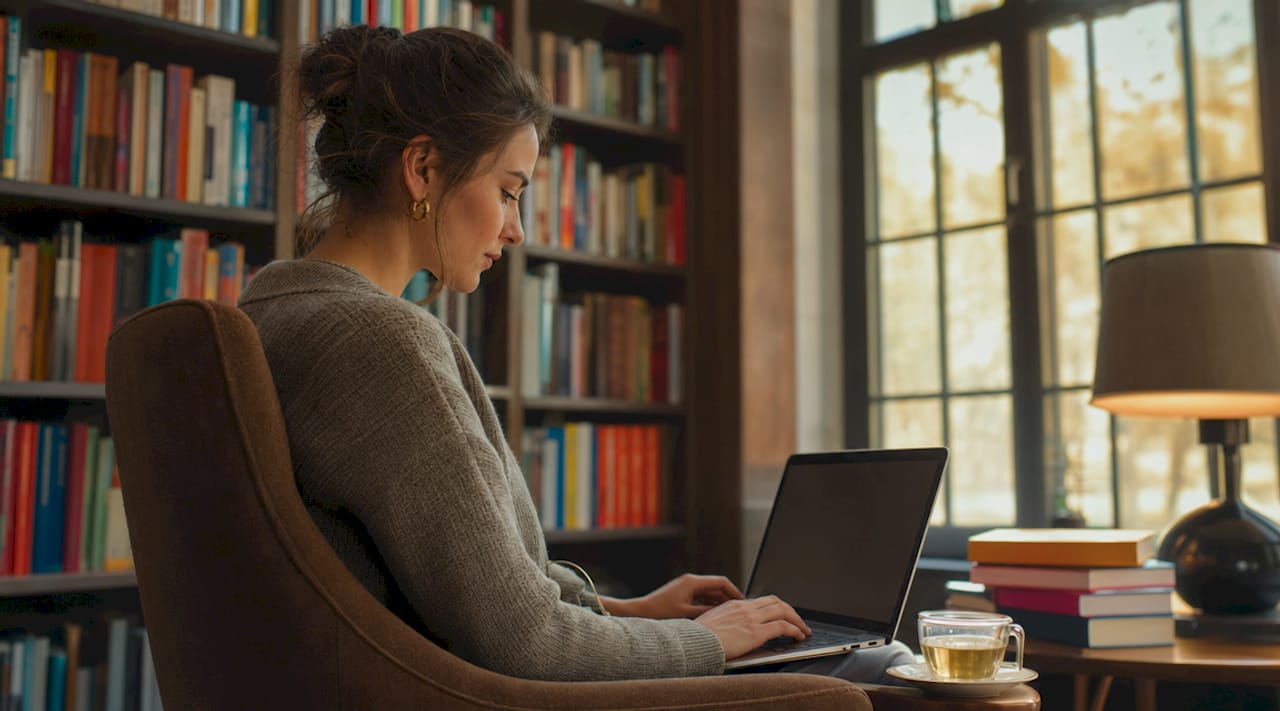 Een vrouw bladert buiten op haar telefoon door verschillende Google Ads-experimenten.