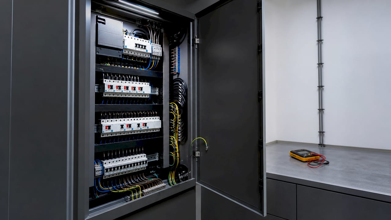 Openstaande meterkast met zichtbare schakelaars en bekabeling in werking