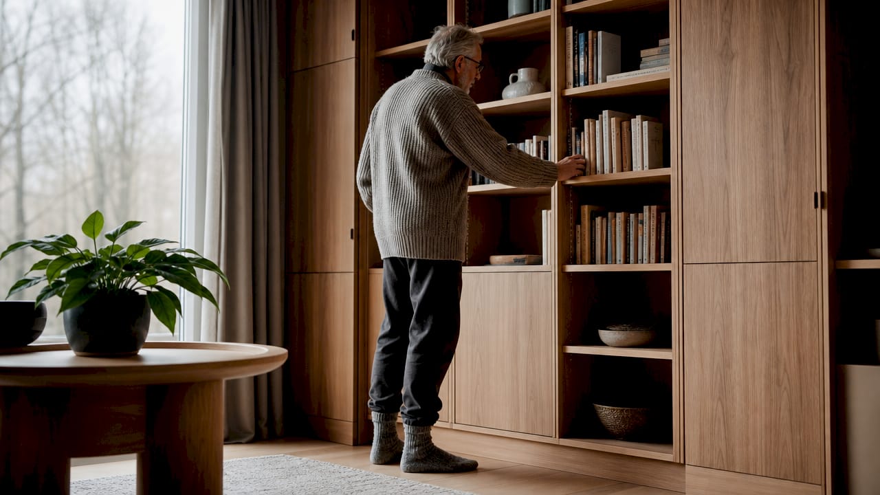 Een man trekt een lade open van de kastenwand die tot aan het plafond reikt in de woonkamer.