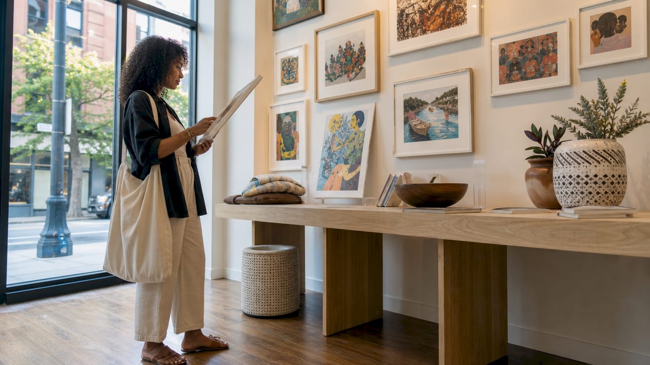 Customer viewing fine art prints in store